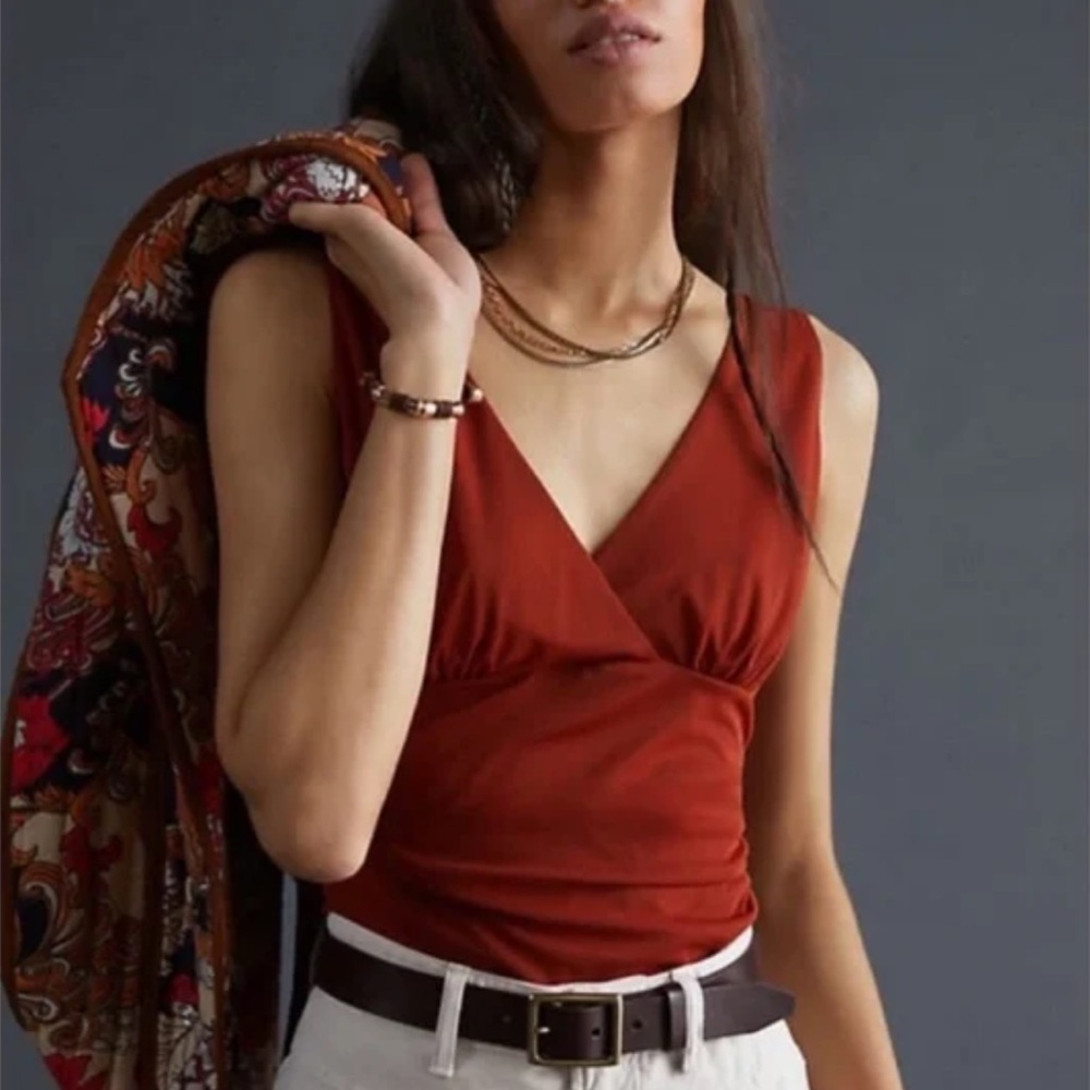 Anthropologie Brown Mesh V-Neck Ruched Tank Top Size‎ XS Bohemian Blouse Rust